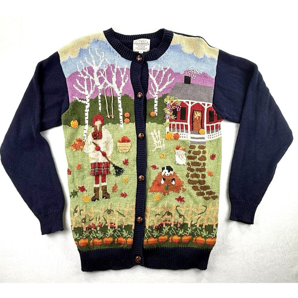 VTG 3D Susan Bristol Embroidered Knit Cardigan S Sweater Cottagecore Fall Cabin